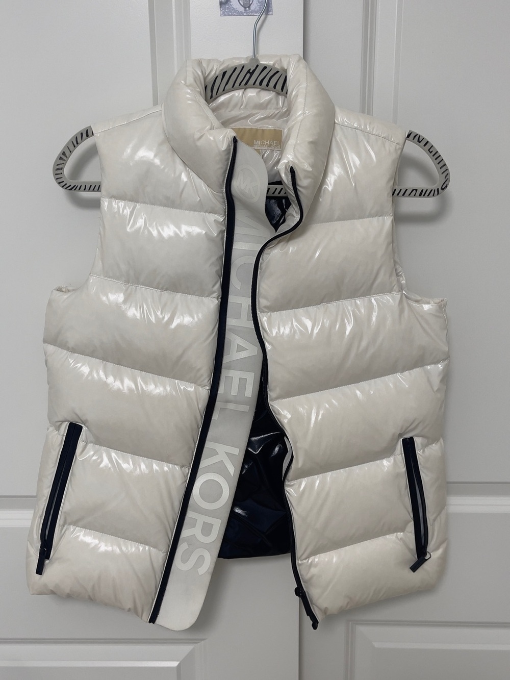 Michael Kors Cream Shiny Puffer Vest with Black Trim
